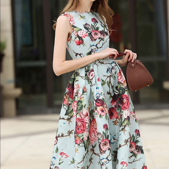 ➕💐SPRING🆕Rose A line tea length floral dress - Picture 3 of 6